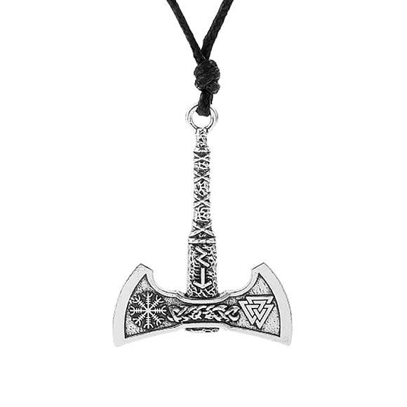 Mens Silver Axe Pendant Necklace Hanging On A Black Wax Cord