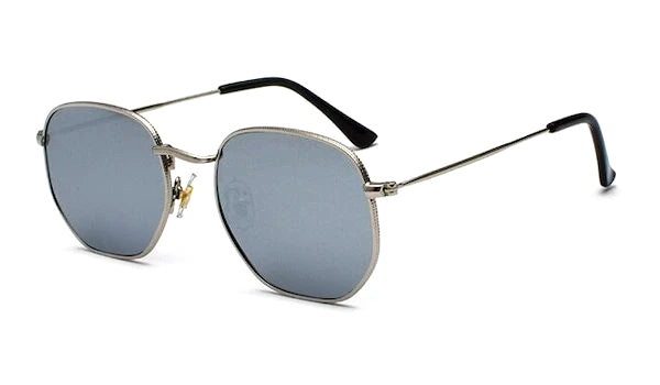 Men's silver hexagon sunglasses with mirror lenses
