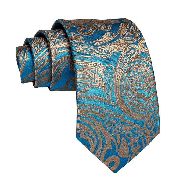Turquoise silk tie with gold paisley pattern