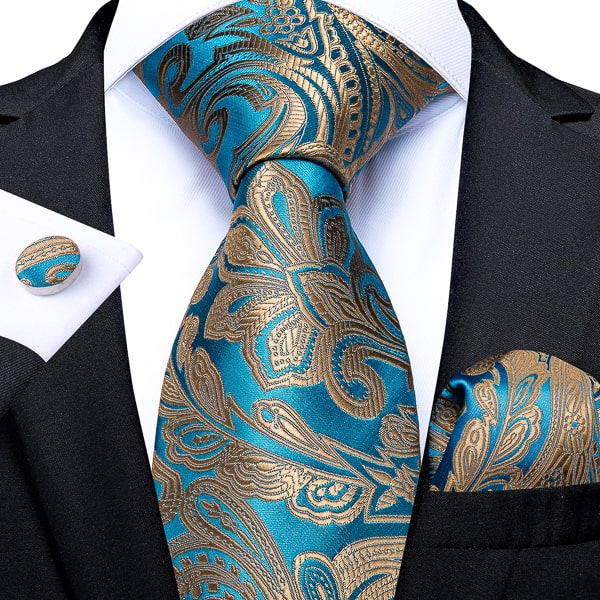 Turquoise and gold paisley silk tie