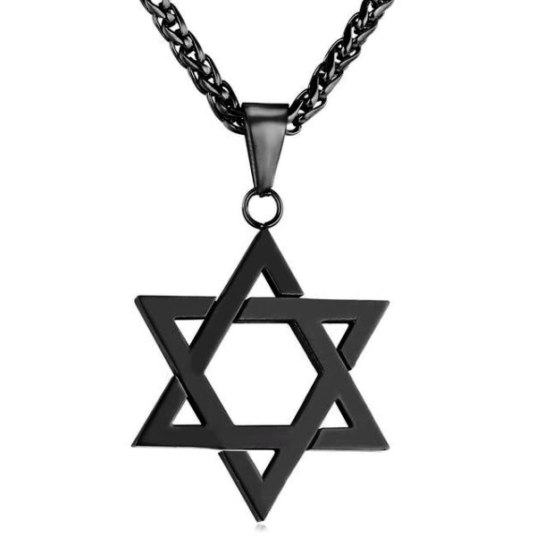 Black Jewish Star of David pendant hanging from a wheat chain