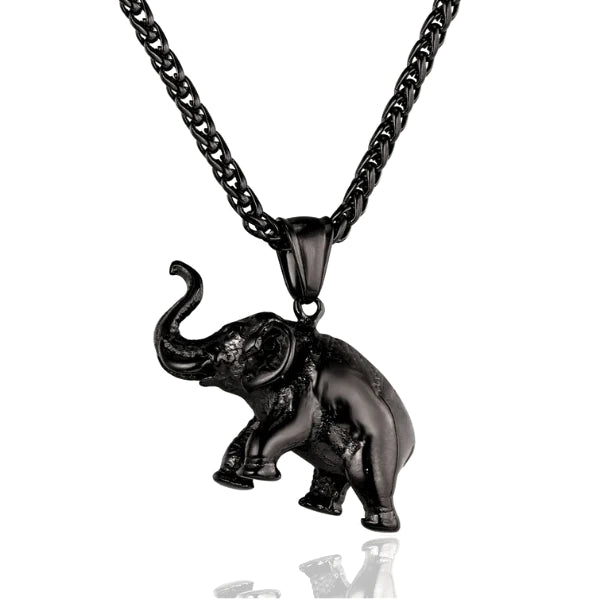 black elephant pendant hanging on a black stainless steel chain