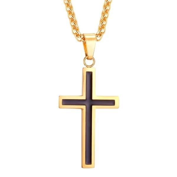 Gold cross pendant with a black interior on a gold stainless steel chain