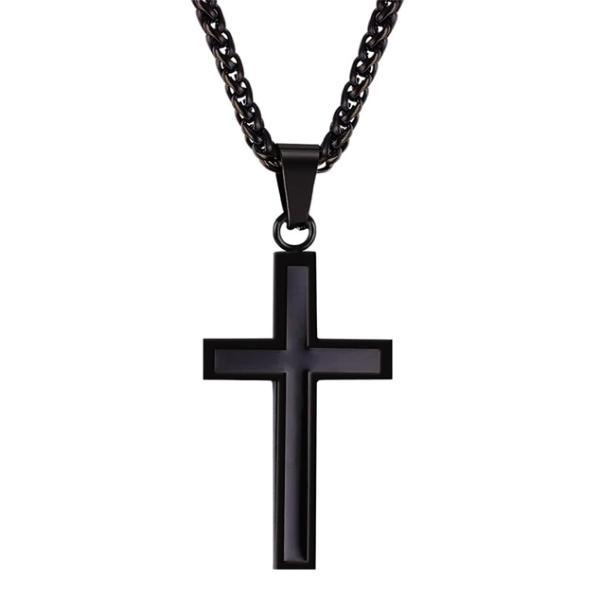Black stainless steel cross pendant with black enamel - chain included in the necklace set