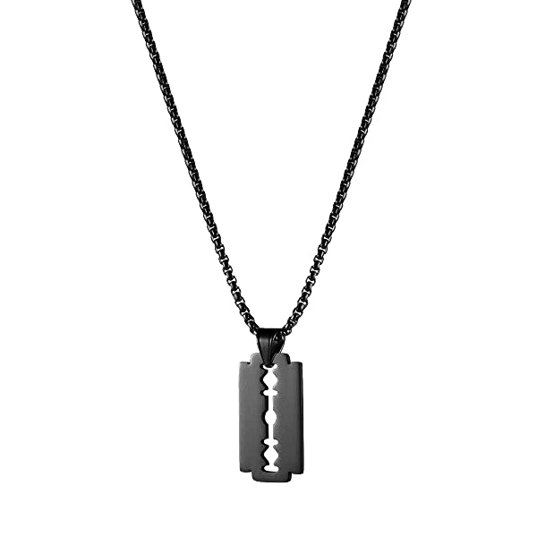 Black Razor Blade Pendant On A Black Chain Necklace