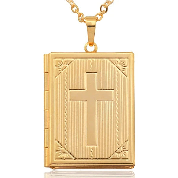 golden bible pendant locket on a gold necklace for men