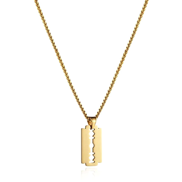 Gold Razor Blade Pendant On A Gold Box Chain Necklace