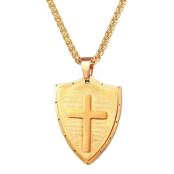 Gold shield of faith pendant necklace with a cross and prayer