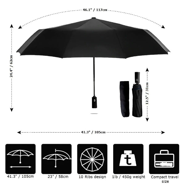 Grey & black 2 color umbrella size detail chart