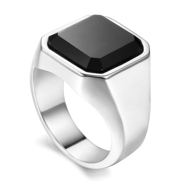 Silver ring with square shaped black zirconia on top