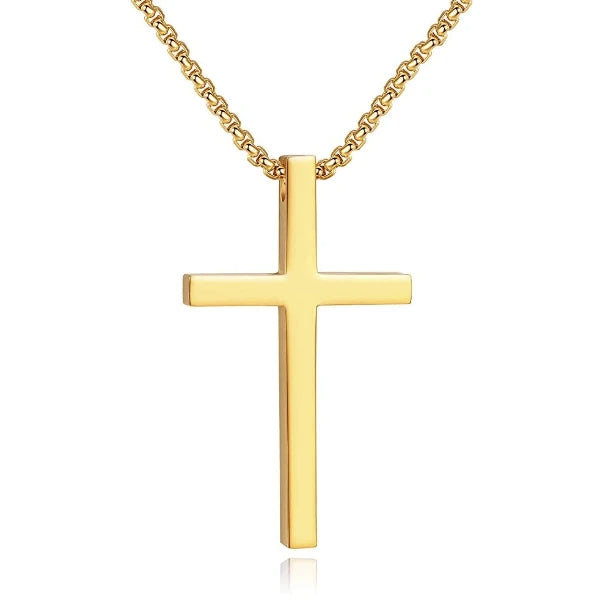 Long gold cross pendant necklace for men