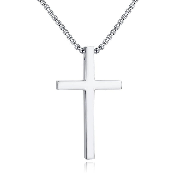 Long silver cross pendant necklace for men