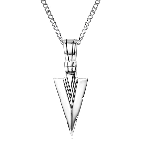 Silver arrowhead pendant necklace for men in a closeup photo