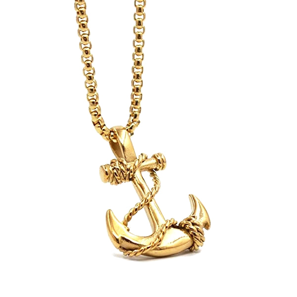 Golden Anchor Pendant On A Gold Box Chain Necklace