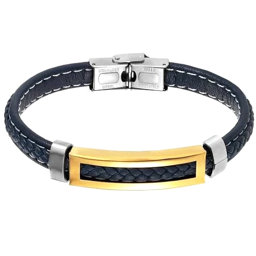 Classy Men Blue Gold Leather Band Bracelet