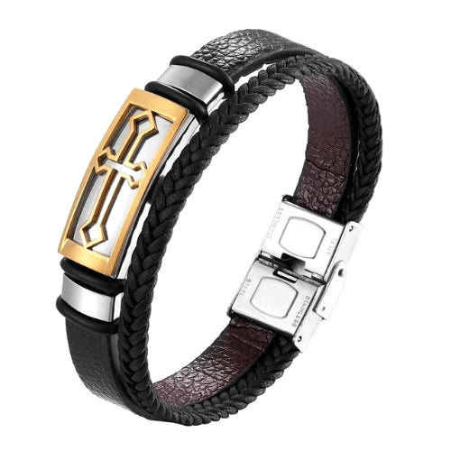Bracciale da uomo in pelle con croce dorata di classe