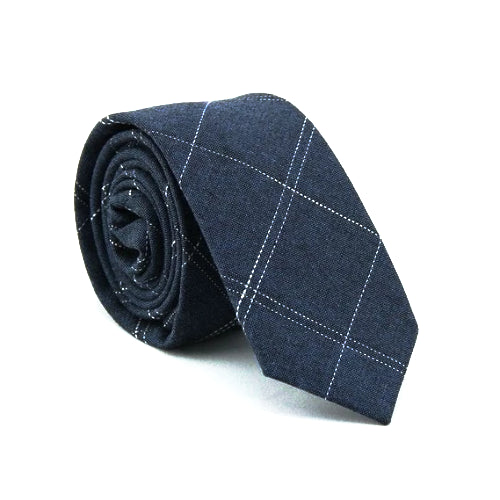 Cravatta skinny in cotone a quadretti blu da uomo di classe