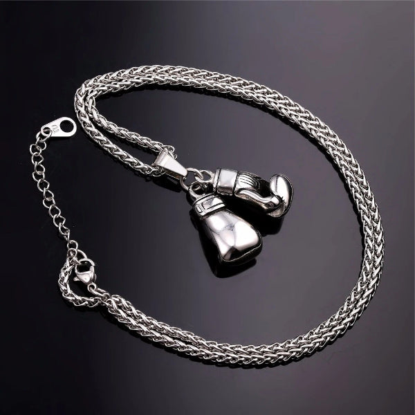 Silver boxing gloves pendant and silver chain