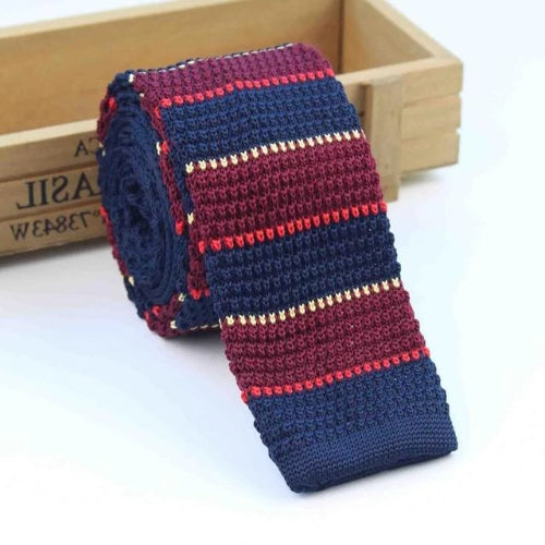 Classy Men Navy Blue Wine Red Square Knit Tie