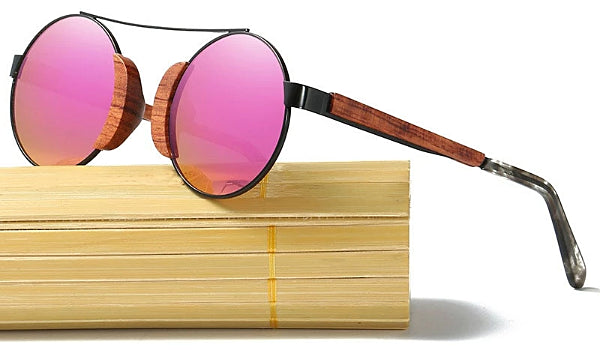 Classy Men Pink Round Wood Sunglasses