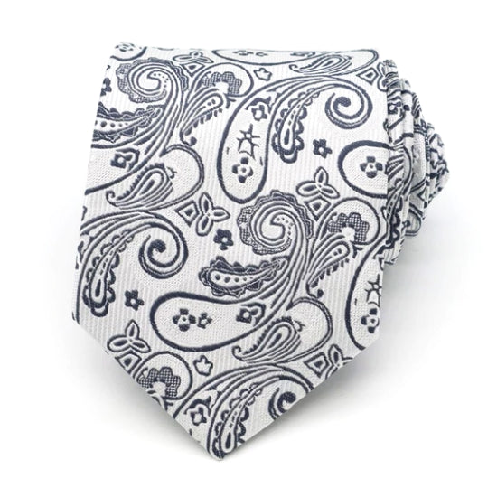 Classy Men White Silver Paisley Silk Tie