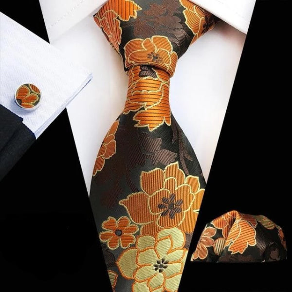 Classy Men Orange Brown Floral Silk Tie
