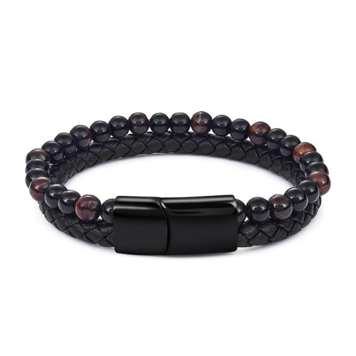 Classy Men Black Dual Beaded Leather Bracelet - Classy Men Collection