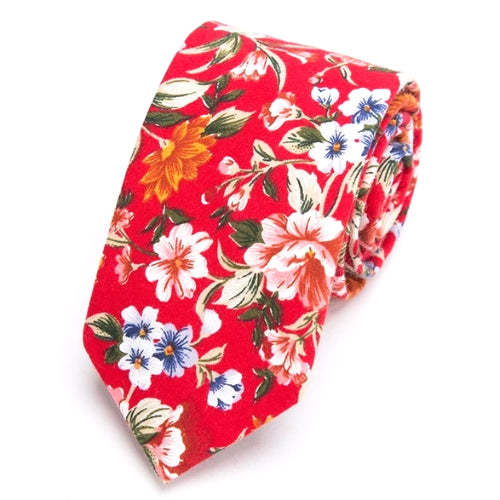 Classy Men Bright Red Floral Skinny Cotton Tie