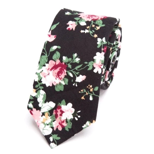 Classy Men Black Floral Skinny Cotton Tie