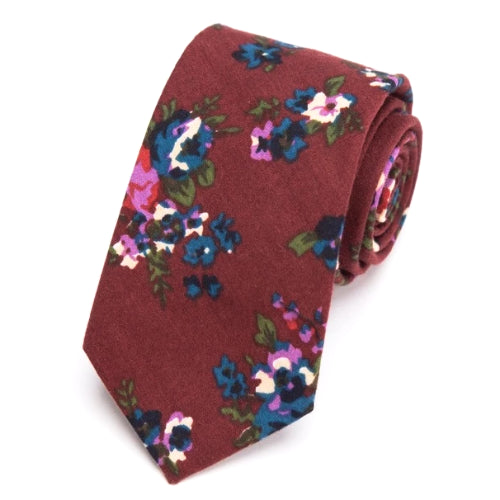 Cravatta da uomo in cotone skinny floreale rosso vino di classe
