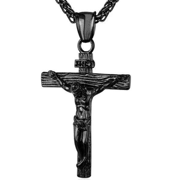 Classy Men Black Jesus INRI Cross Crucifix Pendant Necklace
