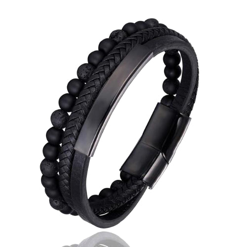 Black 3Layer Beaded Leather Bracelet Classy Men Collection