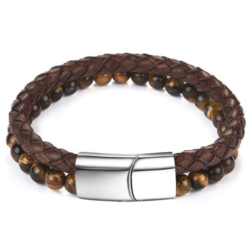 Classy Men Brown Dual Beaded Leather Bracelet - Classy Men Collection