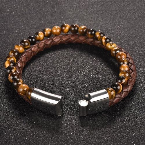 Classy Men Brown Dual Beaded Leather Bracelet - Classy Men Collection