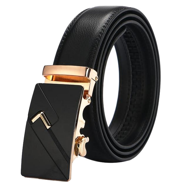 White Leather Suit Belt With Black Buckle & Gold Wave Detais, CMC