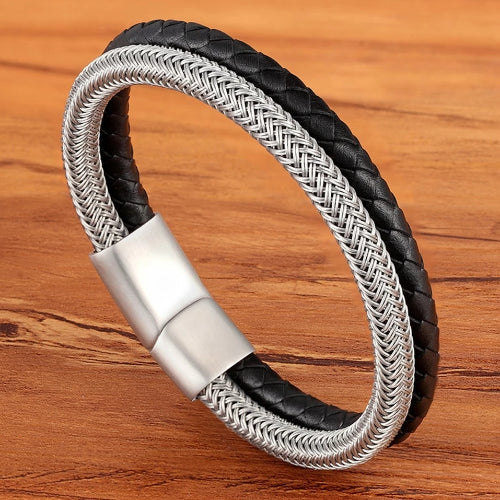 Classy Men Stainless Steel Leather Band Bracelet