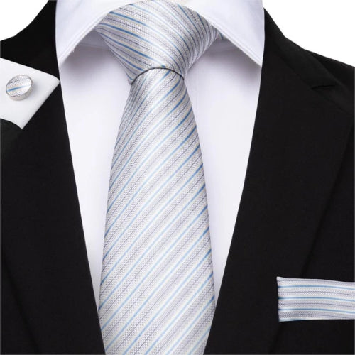 Classy Men Silver White Blue Striped Silk Tie