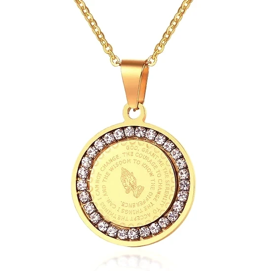 Gold CZ Serenity Prayer Pendant Necklace For Men