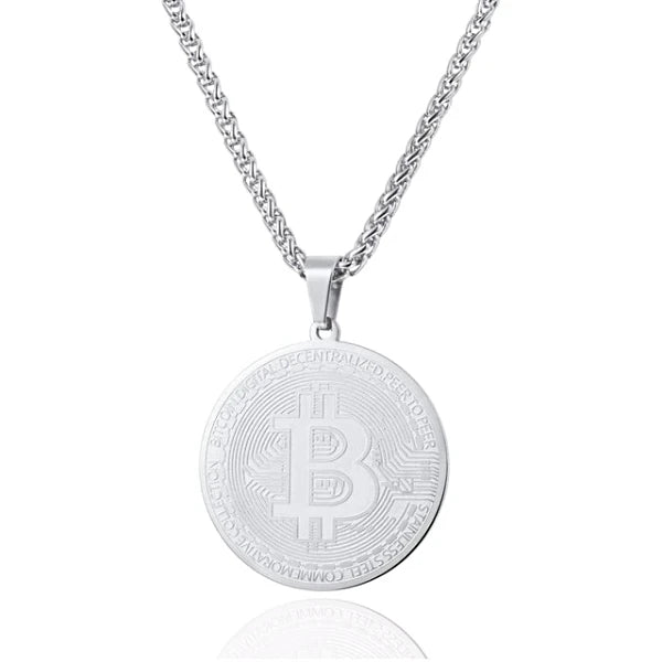 Silver Bitcoin digital currency pendant hanging on a chain necklace