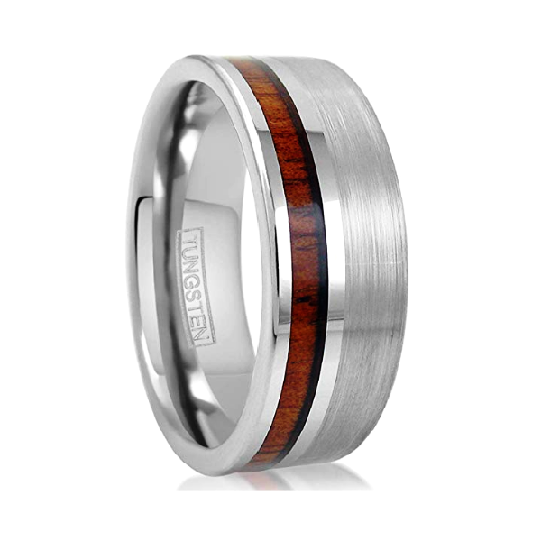Anello da uomo in legno di koa spazzolato argento di classe