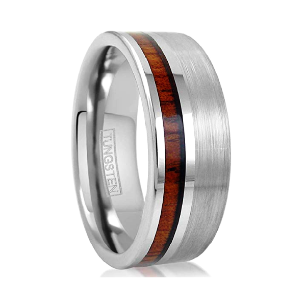 Classy Men Silver Brushed Koa Wood Ring