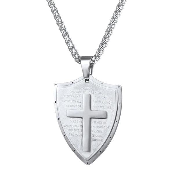 Silver shield pendant necklace with a cross and prayer