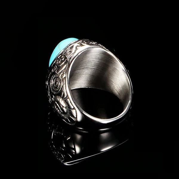 Details of the inside of the turquoise ring showing the brushed steel