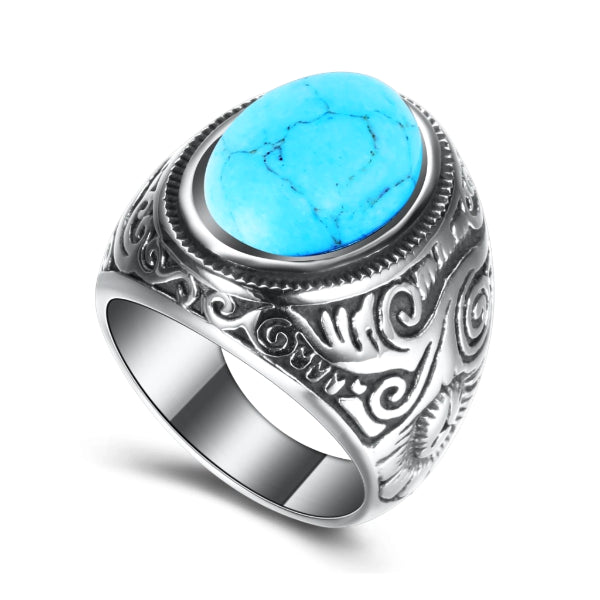Turquoise stone ring made of stainless steel on a white background