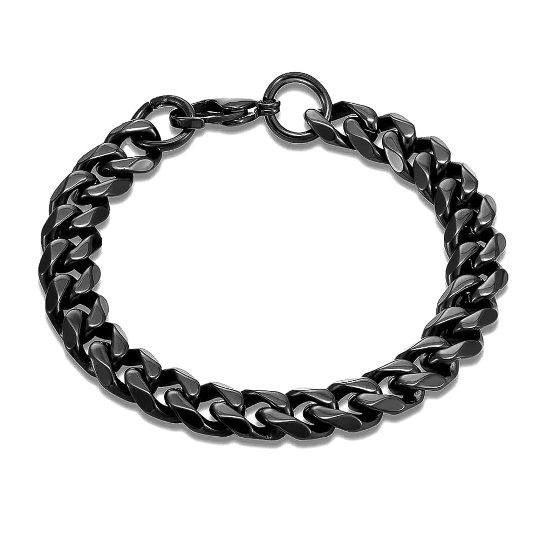 A 11mm thick black stainless steel Cuban link chain bracelet with a polished finish, shown on a clean white background.