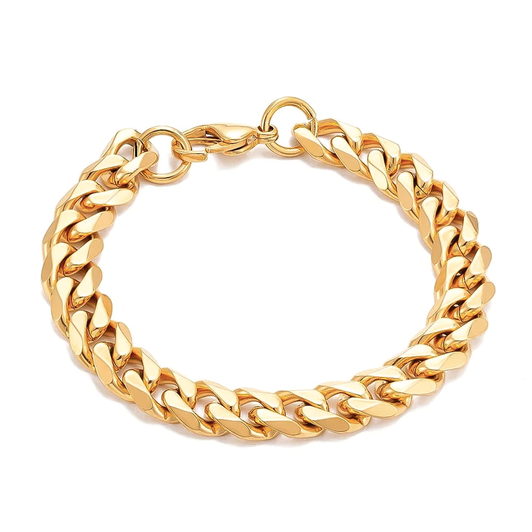 A 11mm gold-toned stainless steel Cuban link chain bracelet with a polished finish, shown on a clean white background.