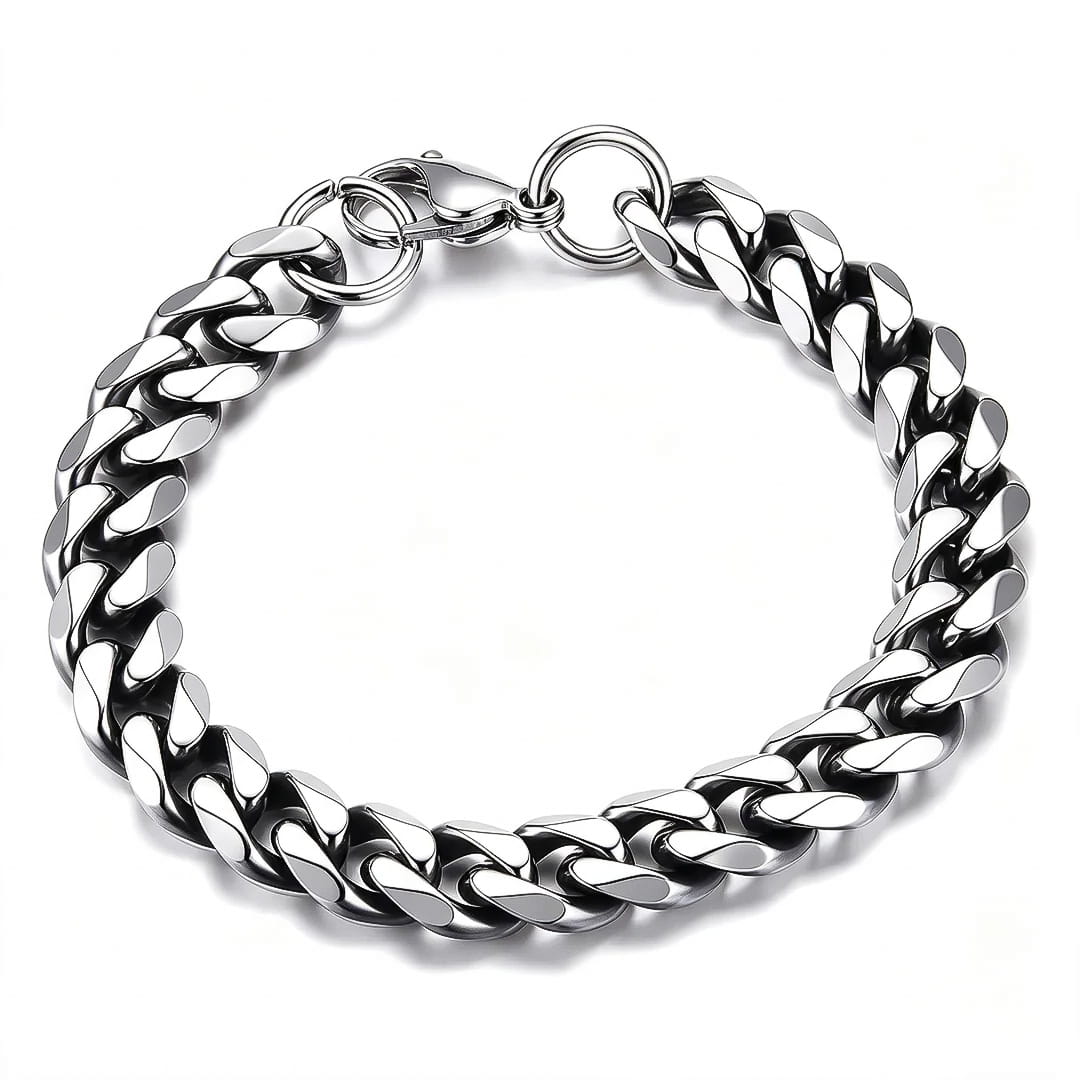 A 11mm thick oxidized silver-toned stainless steel Cuban link chain bracelet with a polished finish, shown on a clean white background.