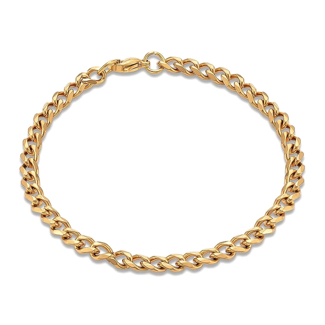 A 5mm gold-toned stainless steel Cuban link chain bracelet with a polished finish, shown on a clean white background.