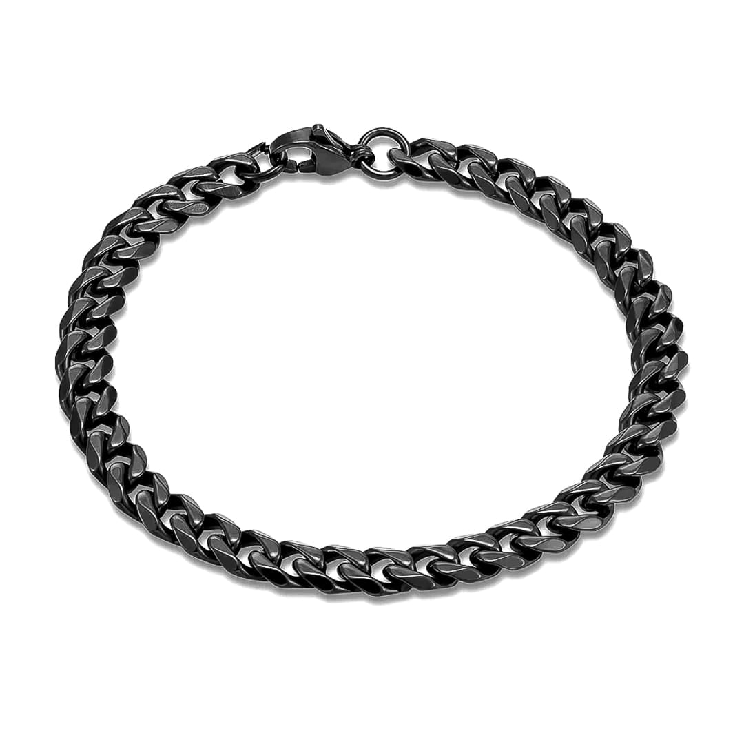 A 7mm black stainless steel Cuban link chain bracelet with a polished finish, shown on a clean white background.