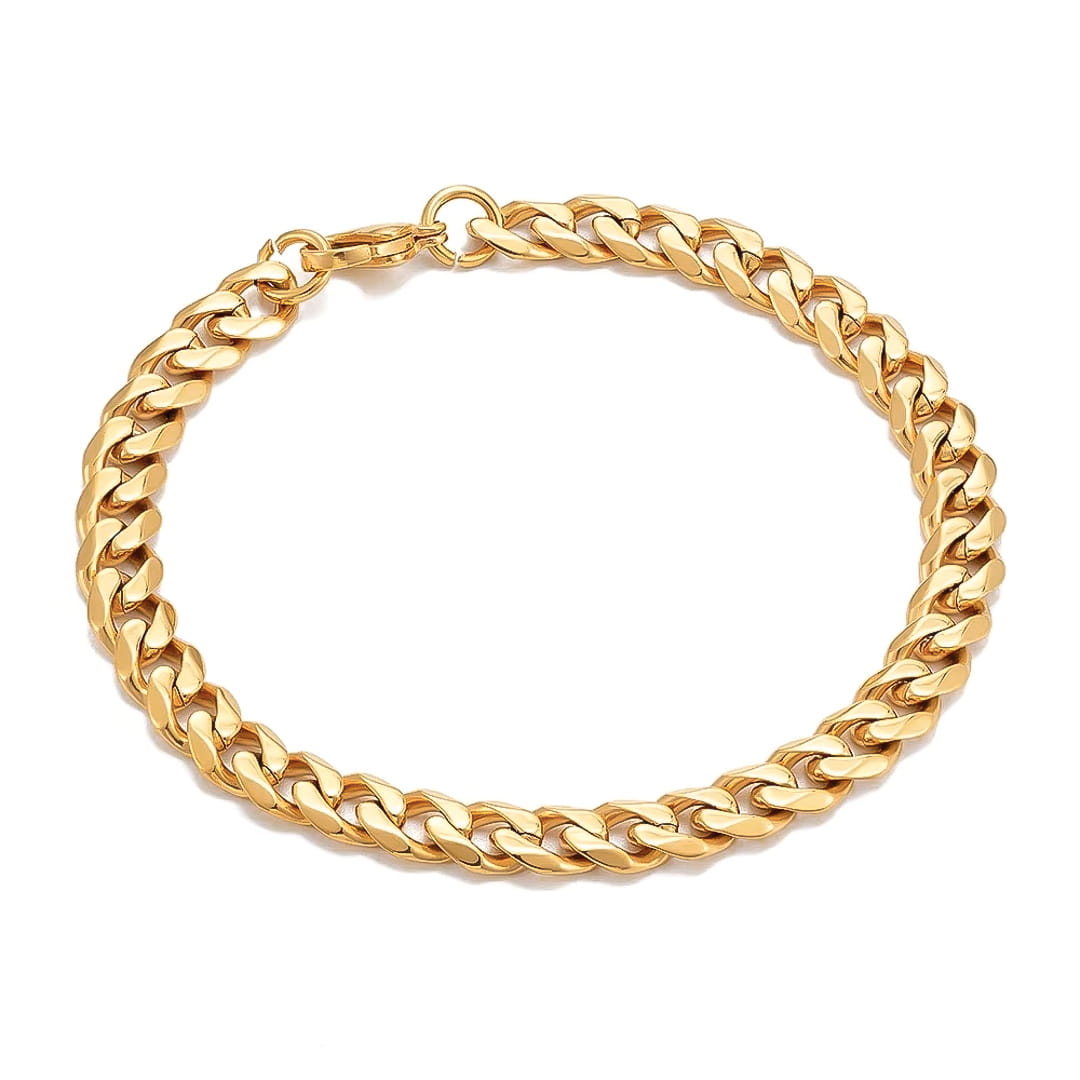 A 7mm gold-toned stainless steel Cuban link chain bracelet with a polished finish, shown on a clean white background.
